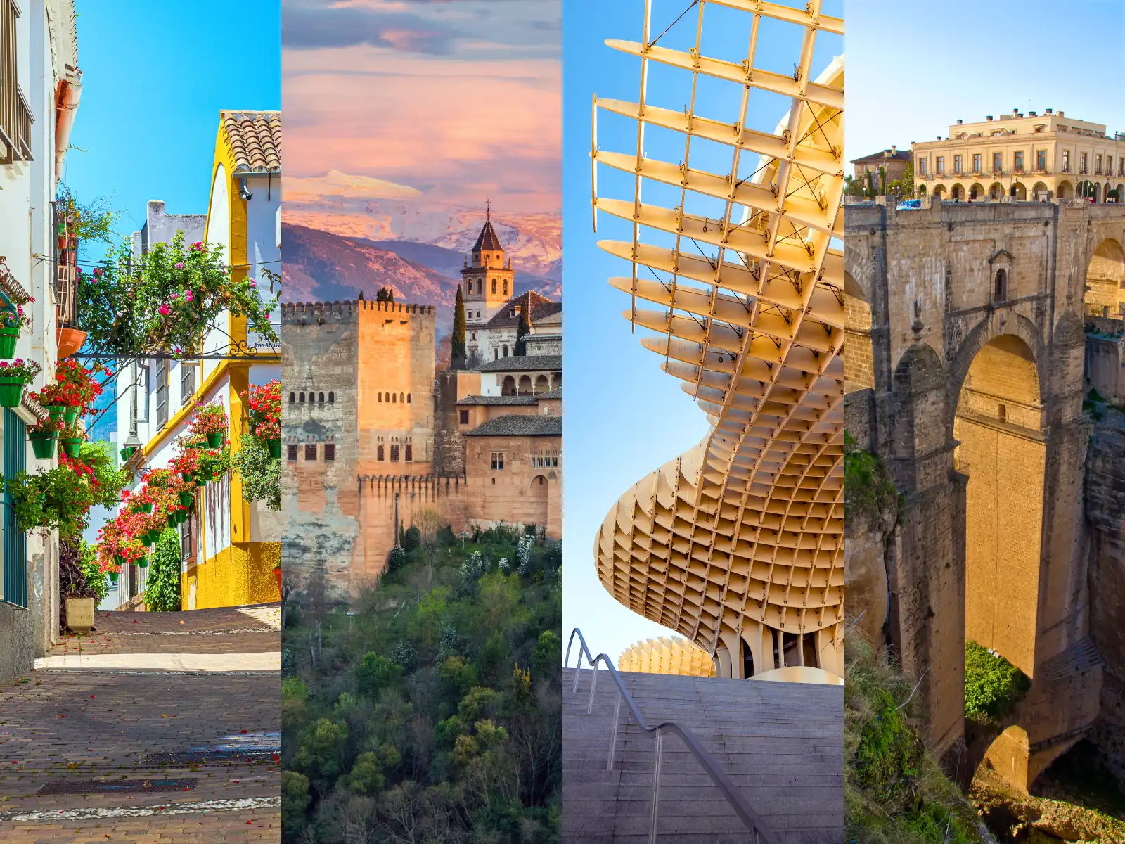 Collage of Andalusian scenes showing Malaga street with flowers, Granada’s Alhambra at sunset, Seville’s Metropol Parasol, and Ronda’s Puente Nuevo over a deep gorge.