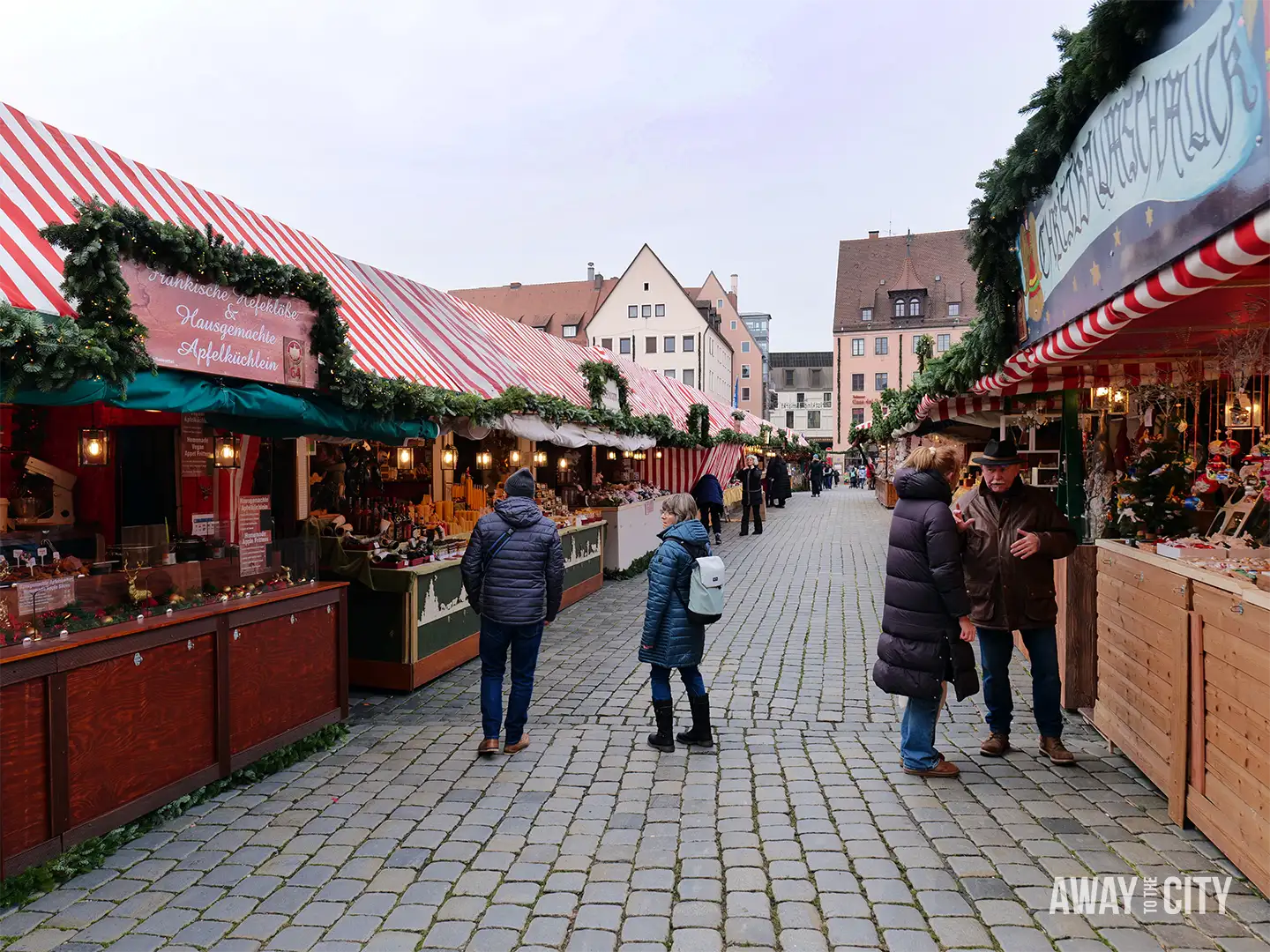 Long row of red-roofed market stalls in Nuremberg lining a cobbled street, with people browsing and walking between them.