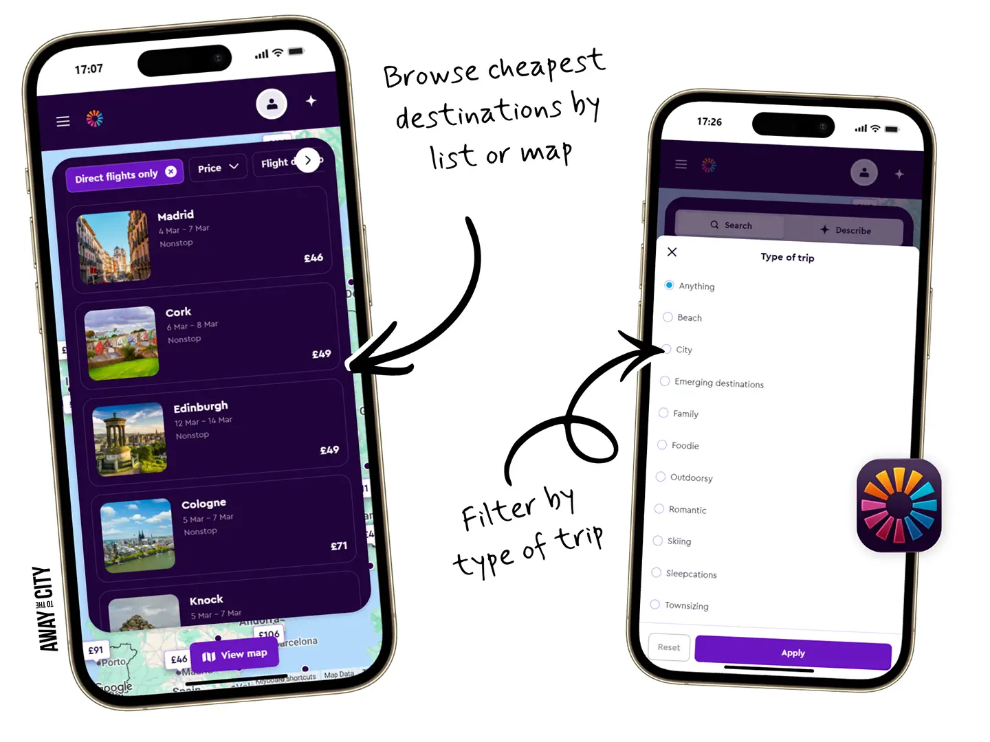 A collage of two mobile phone screens showing the "Everywhere" feature from Momondo, revealing the cheapest destinations to go to for a given date, sorted by type of trip.