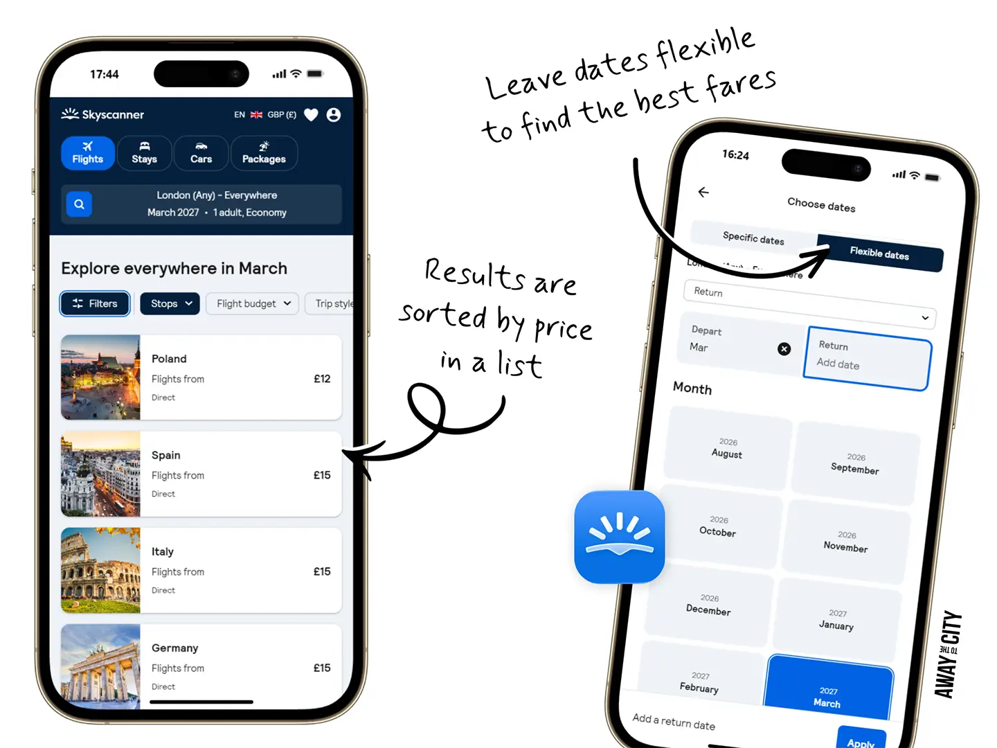 A collage of two mobile phone screens showing the "Everywhere" feature from Skyscanner, revealing the cheapest destinations to go to for a given date.