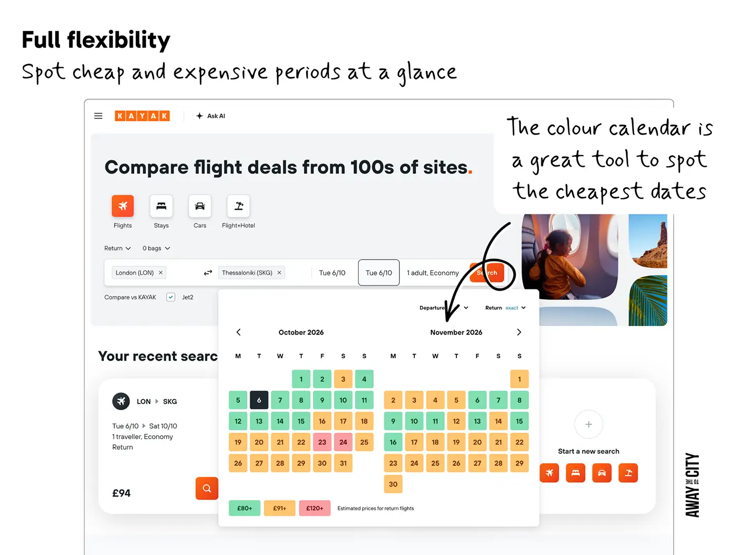 A screenshot of Kayak's colour-coded calendar that shows the cheapest dates across entire dates, which is one of the many cheap flight tips.