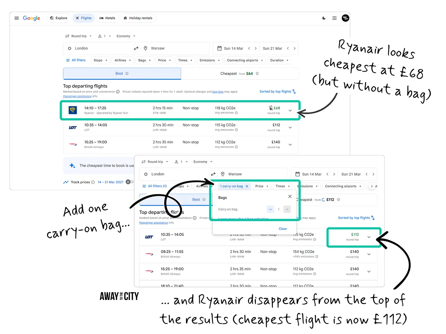 A collage showing two screenshots of Google Flights, one without the bag fees and one with the bag fee filter.