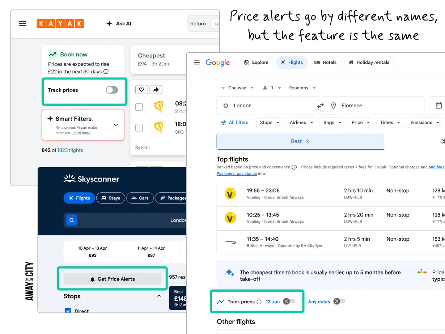 A collage with screenshots from Kayak, Skyscanner and Google Flights that shows where to find the "Price alert" feature in each tool.