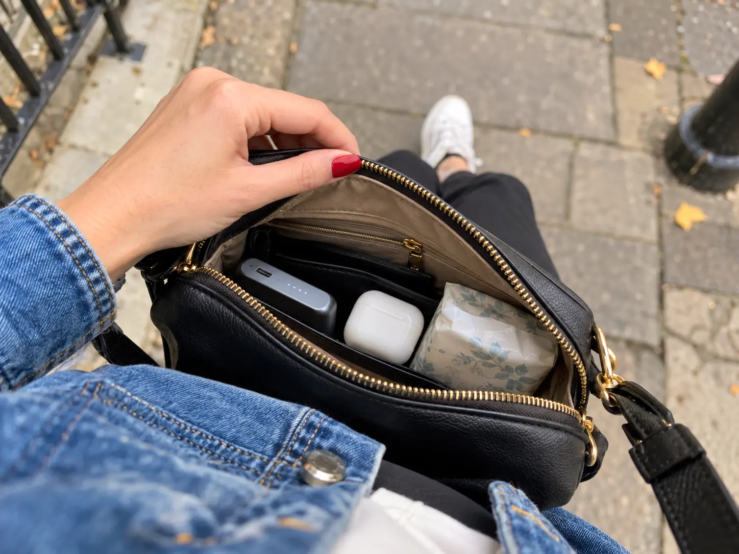 Open cross-body bag containing city break essentials, including wireless earbuds, a portable power bank, wallet and packet of tissues.