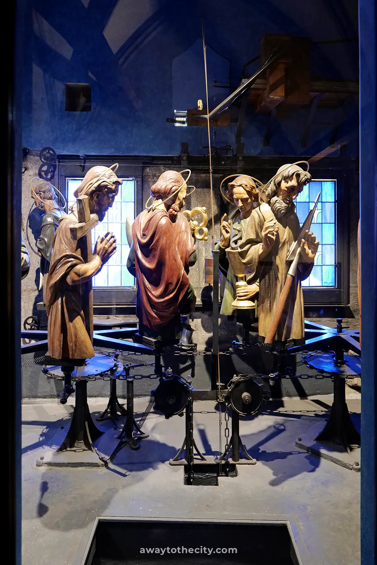 Inside the Prague Astronomical Clock, wooden figures of the Apostles are displayed as if on parade.