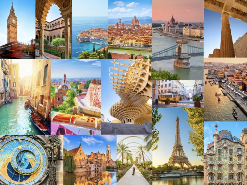 A collage features travel photos of famous European landmarks, including Big Ben, the Eiffel Tower, Venice canals, and the Prague astronomical clock.