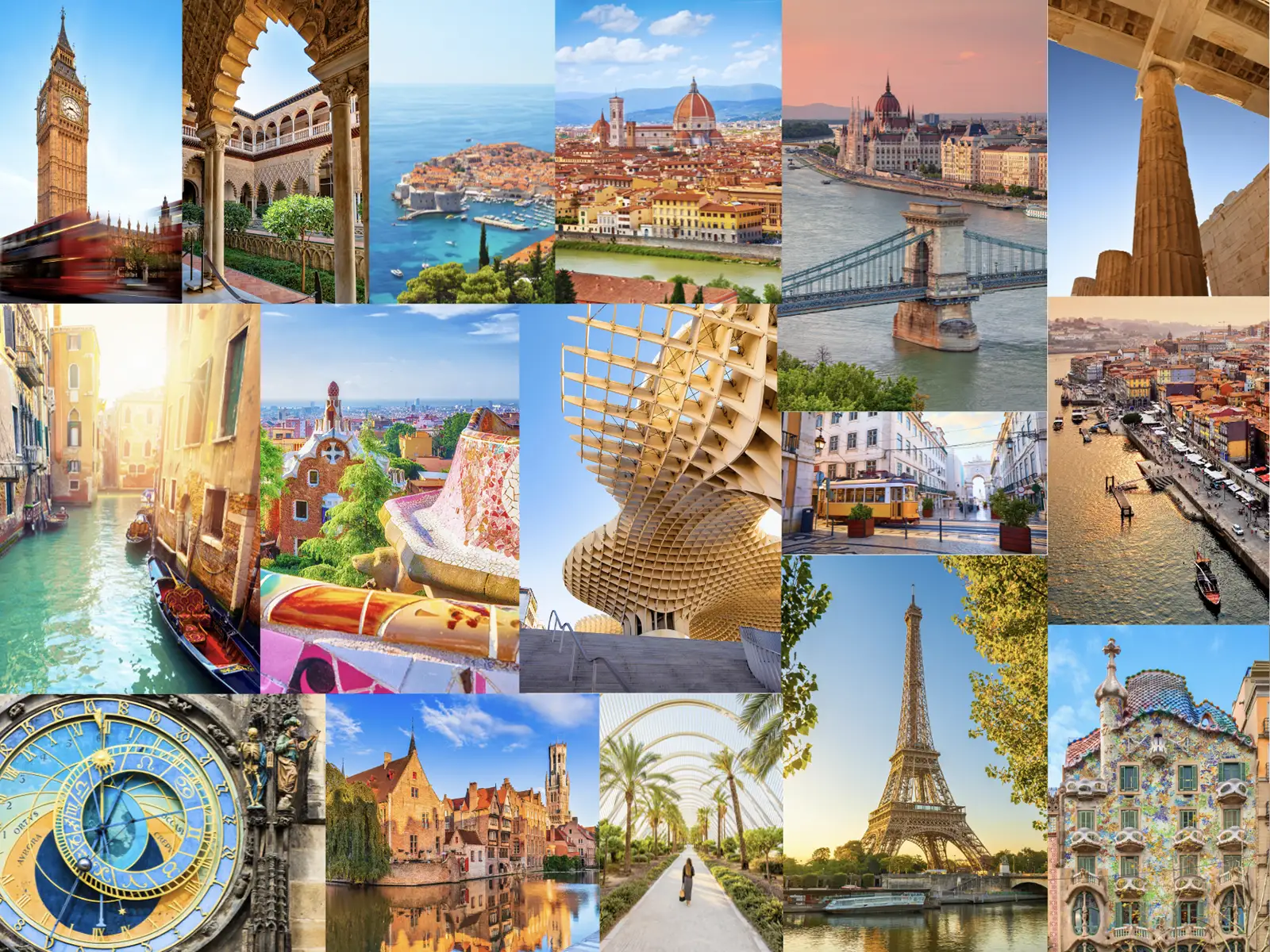 A collage features travel photos of famous European landmarks, including Big Ben, the Eiffel Tower, Venice canals, and the Prague astronomical clock.