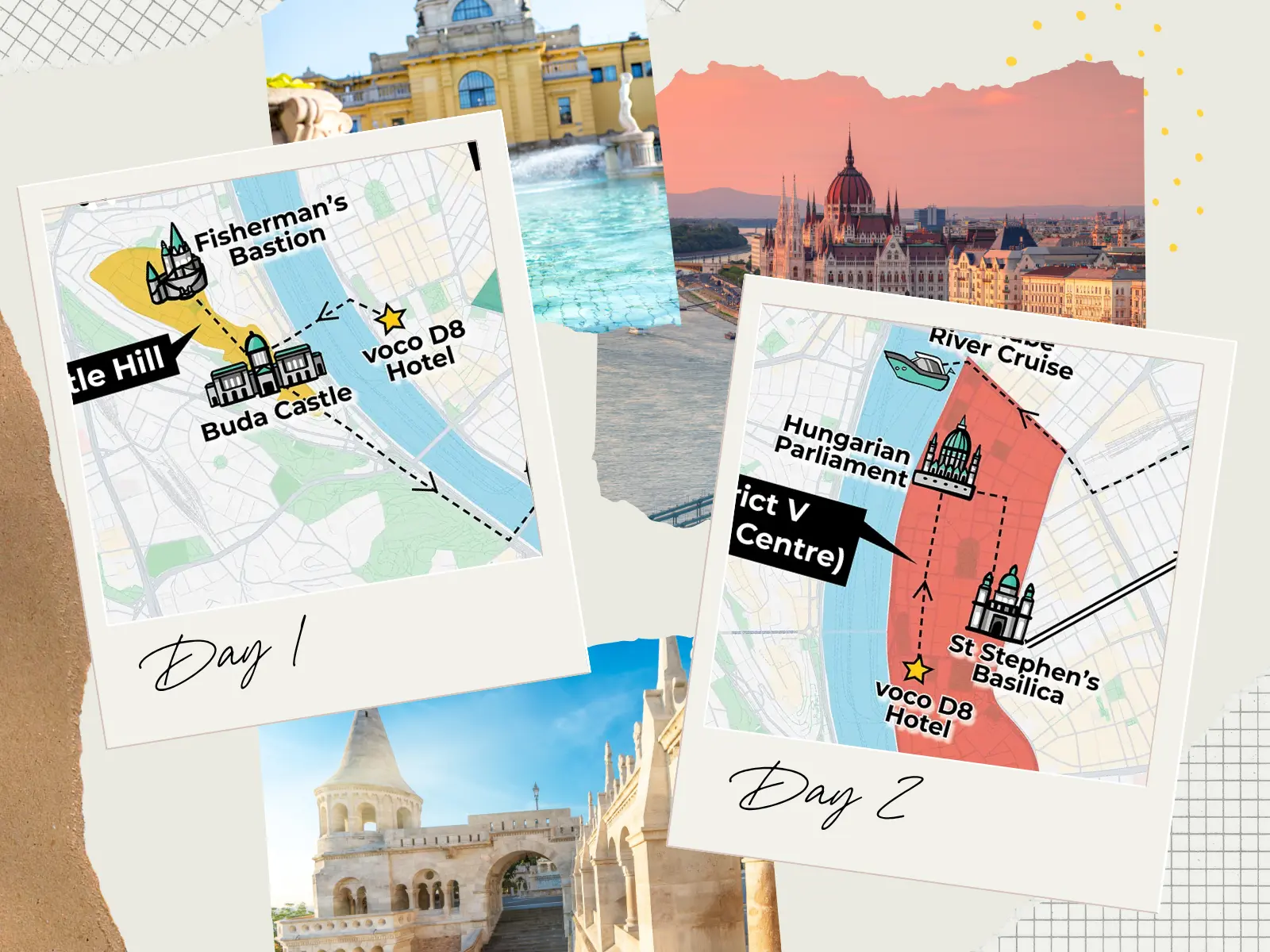 Illustrated map showing a 2-day Budapest itinerary across two polaroid-style cards, with Day 1 covering Fisherman's Bastion and Buda Castle, and Day 2 covering the Hungarian Parliament, St Stephen's Basilica, and a Danube river cruise.