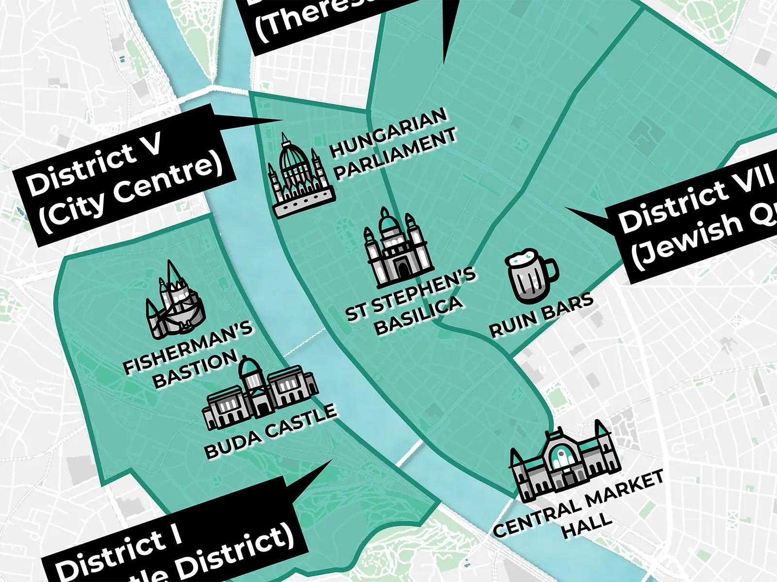 A part of an illustrated map that shows the best areas to stay in Budapest as a first-time visitor, created by Away to the City. These areas include District V (City Centre), District VI (Theresa Town), District I (Castle District), and District VII (Jewish Quarter).