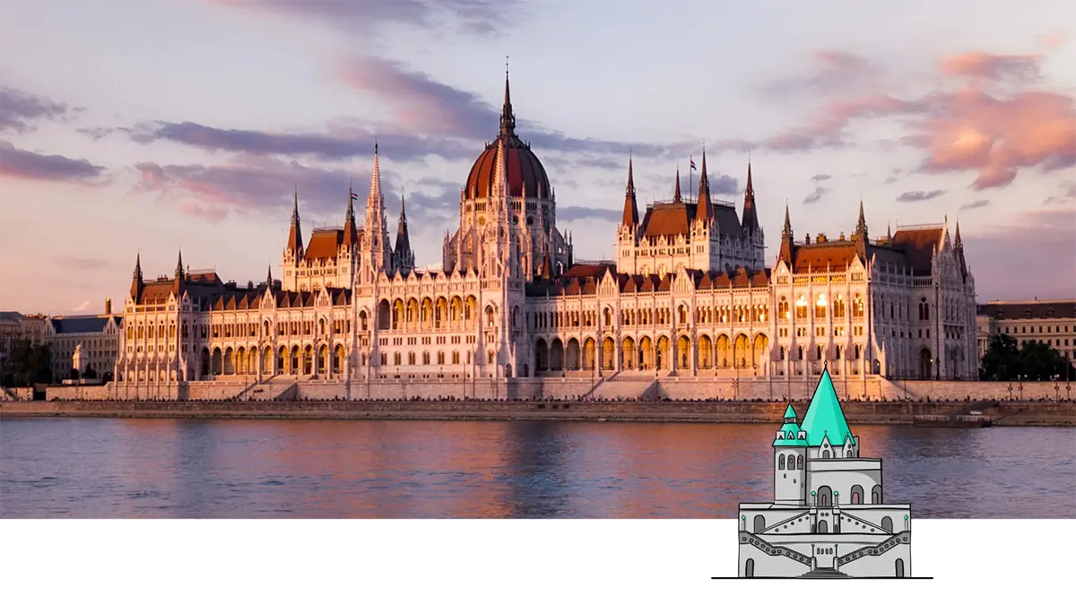View of the Hungarian Parliament Building in Budapest, seen from the Danube River during a beautiful sunset.