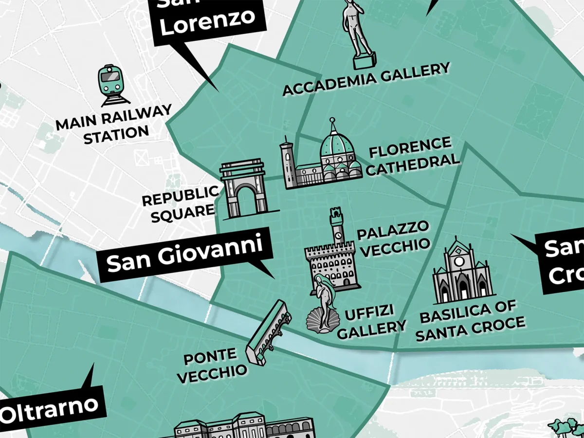 A part of an illustrated map that shows the best areas to stay in Florence as a first-time visitor, created by Away to the City.