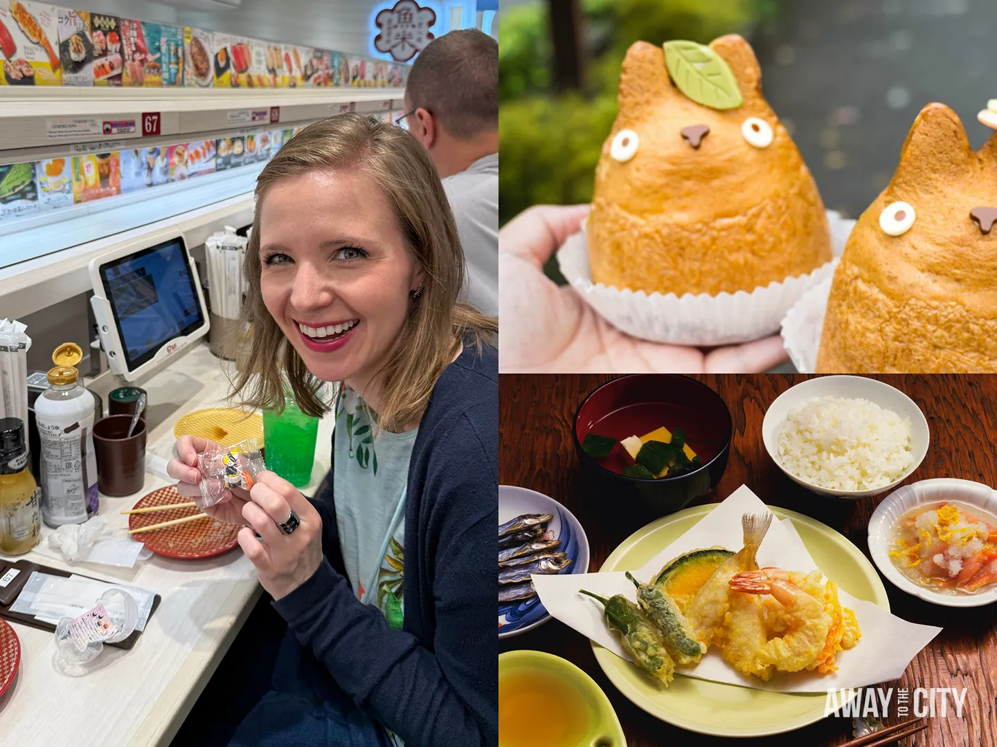 Smiling traveller at conveyor belt sushi restaurant beside photos of Totoro-shaped pastries and Japanese tempura meal set.