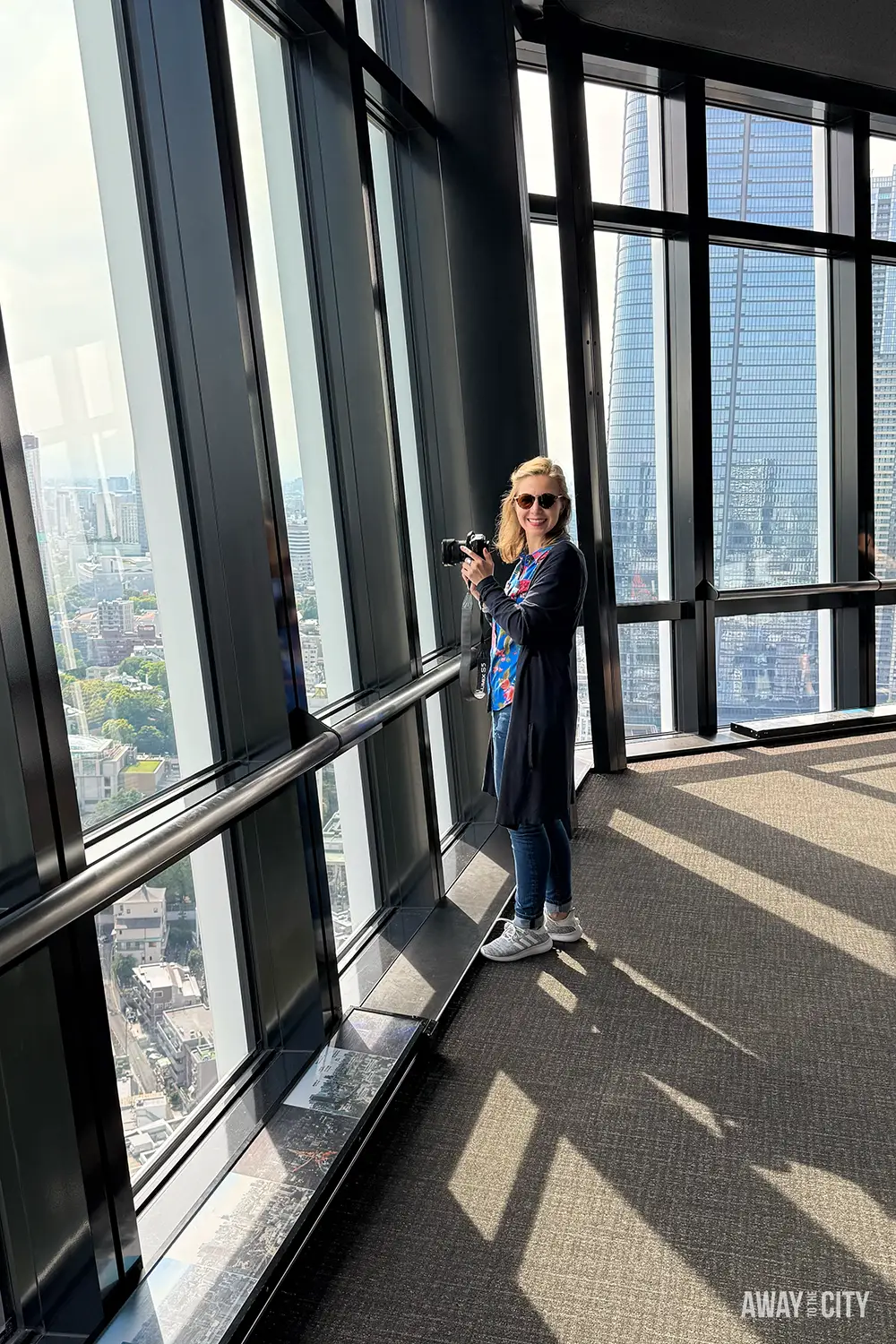 Traveller holding a camera stands beside tall observation deck windows overlooking dense city skyline, sunlight casting long shadows indoors.