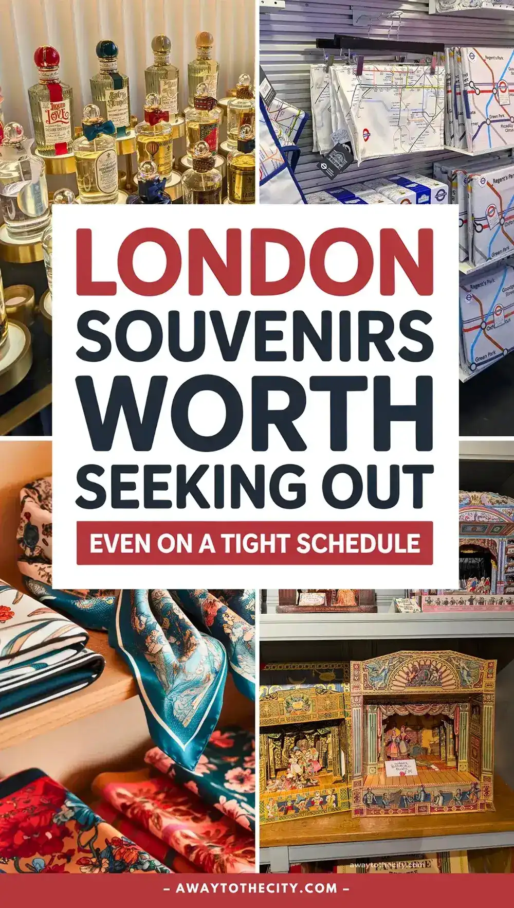 Collage of market stalls and souvenirs with bold text London Souvenirs Worth Seeking Out Even on a Tight Schedule.