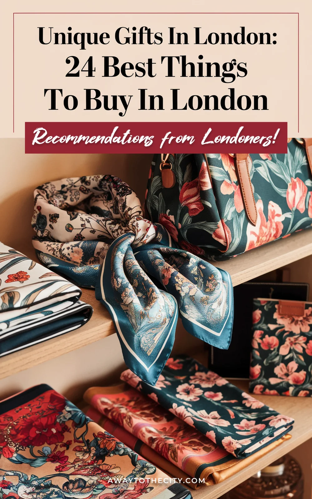 Floral scarves, notebooks and handbags arranged on wooden shelves in a London gift shop, with overlay text reading “Unique Gifts in London: 24 Best Things to Buy in London – Recommendations from Londoners”.