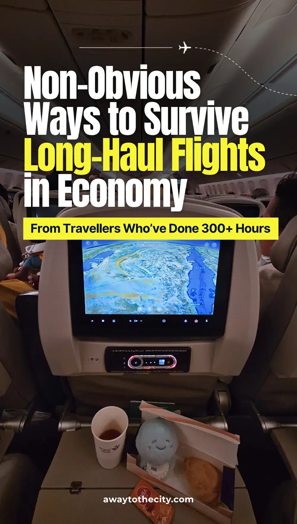 Economy aeroplane seat with entertainment screen and meal, reading “Non-Obvious Ways to Survive Long-Haul Flights in Economy. From Travellers Who’ve Done 300+ Hours”.
