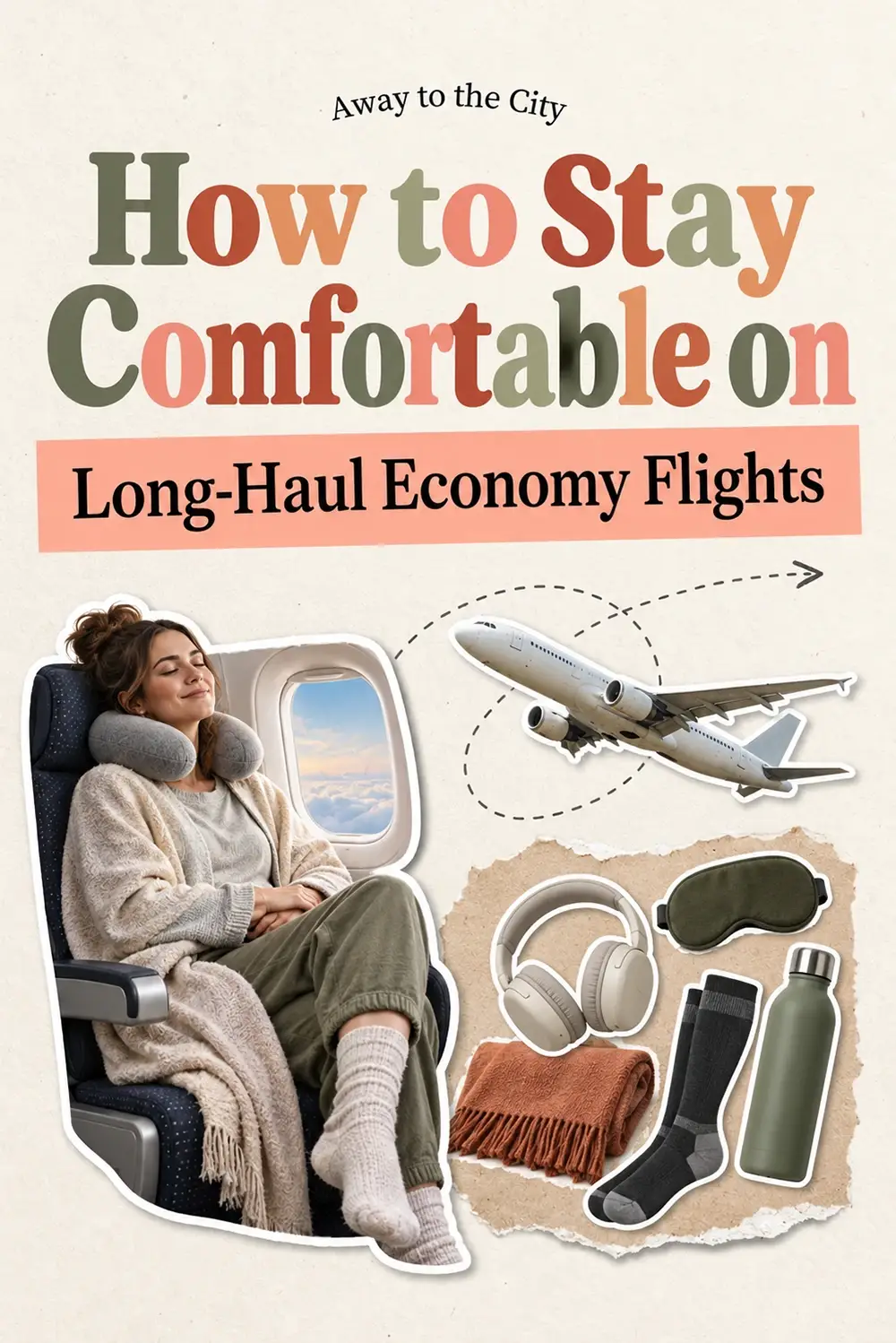 Woman relaxing beside an aeroplane window with travel accessories, reading “How to Stay Comfortable on Long-Haul Economy Flights”.