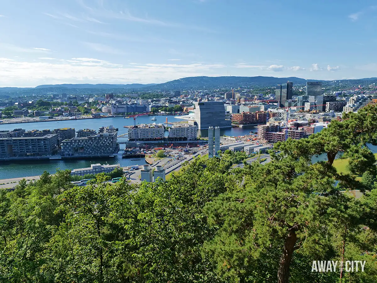 Panoramic hillside view over Oslo harbour and Bjørvika, with fjord, modern waterfront buildings, cranes and distant city skyline.