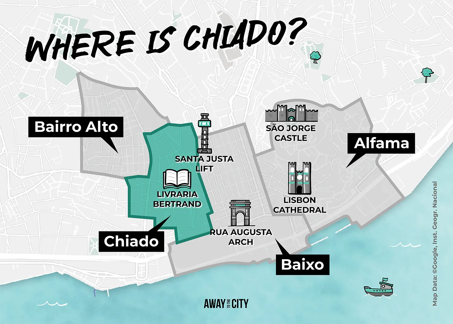 An illustrated map created by 'Away to the City', titled 'Where Is Chiado?', showing Chiado’s location in Lisbon between Bairro Alto, Baixa and Alfama, with key landmarks.