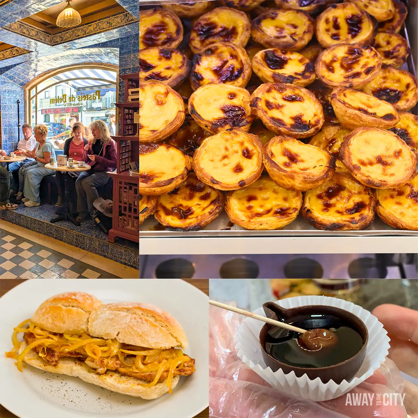 Collage of Lisbon food experiences featuring customers at Pastéis de Belém, pastel de nata pastries, bifana sandwich and chocolate ginjinha.