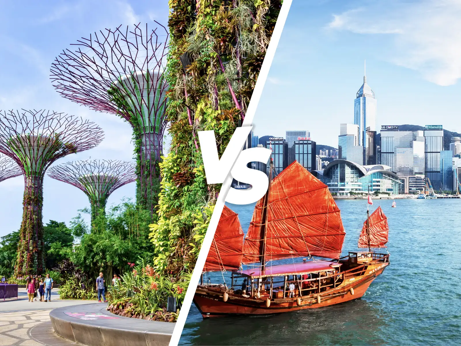 A side-by-side comparison of two travel destinations: the left shows Singapore's Supertree Grove and the right shows a traditional junk boat in Hong Kong Harbour.