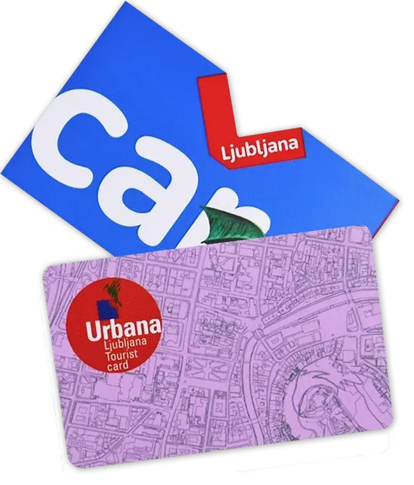 Close-up of Ljubljana Urbana tourist card and city card partially overlapping, featuring map design and red label reading “Urbana Ljubljana Tourist Card”.