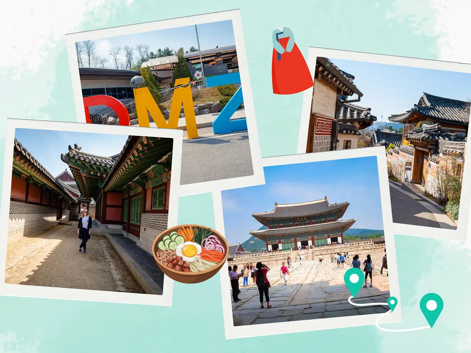 3-day Seoul itinerary collage showing Gyeongbokgung Palace, Bukchon Hanok Village, and the DMZ.