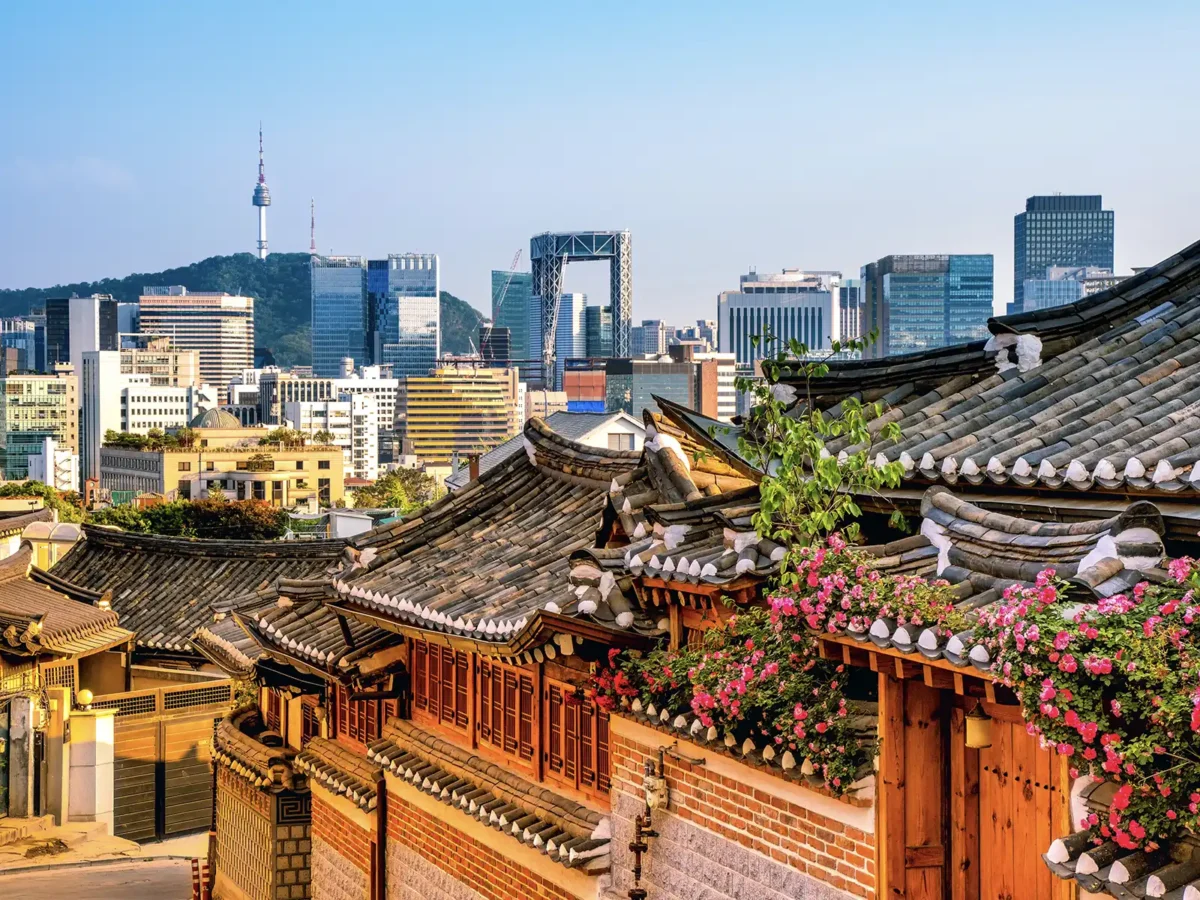 Bukchon Hanok Village features traditional Korean tiled-roof houses with blooming pink flowers in the foreground, contrasted against a modern Seoul skyline and N Seoul Tower.