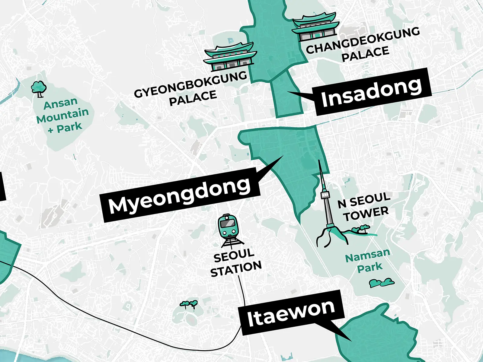 A part of an illustrated map that shows the best areas to stay in Seoul, South Korea, as a first-time visitor, created by Away to the City.