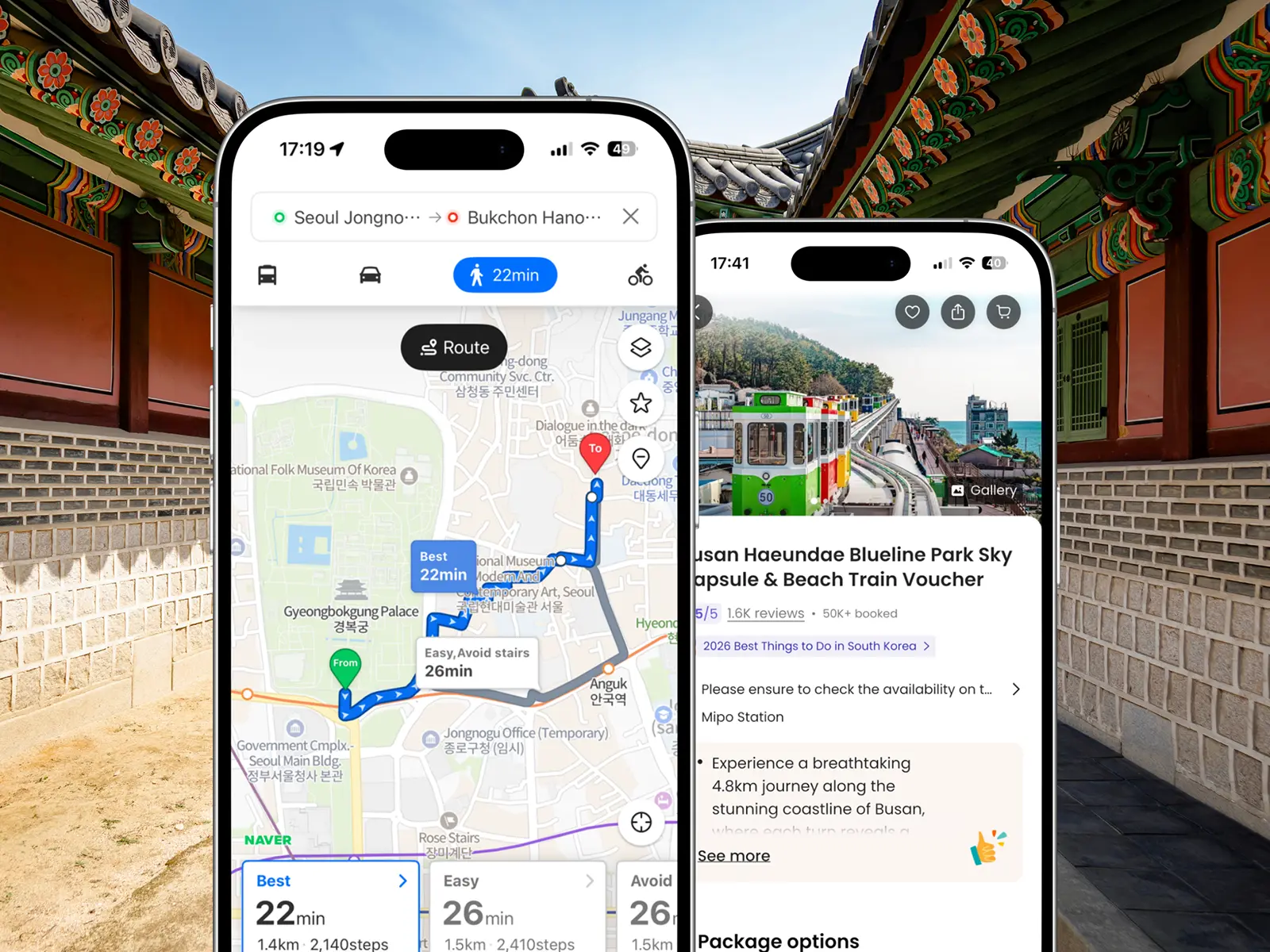 Two smartphones displaying navigation and travel booking apps against Changdeokgung Palace in Seoul, representing must-have apps for Korea travel.