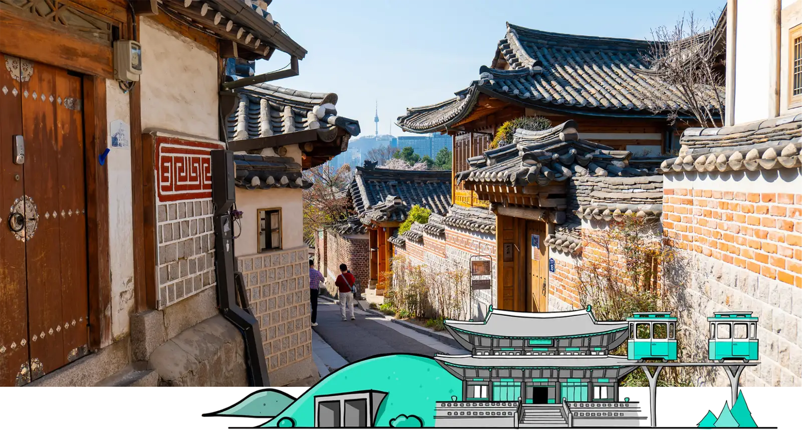 Traditional hanok houses lining a narrow Bukchon Hanok Village street in Seoul, with illustrations of Seoul's Gyeongbokgung Palace and Busan's Sky Capsule along the bottom.