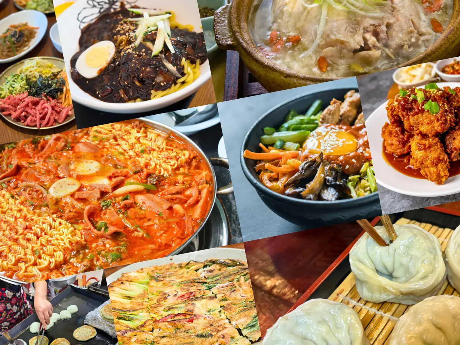 Collage featuring popular Korean dishes including noodles, stews, dumplings, pancakes and fried chicken on assorted plates.