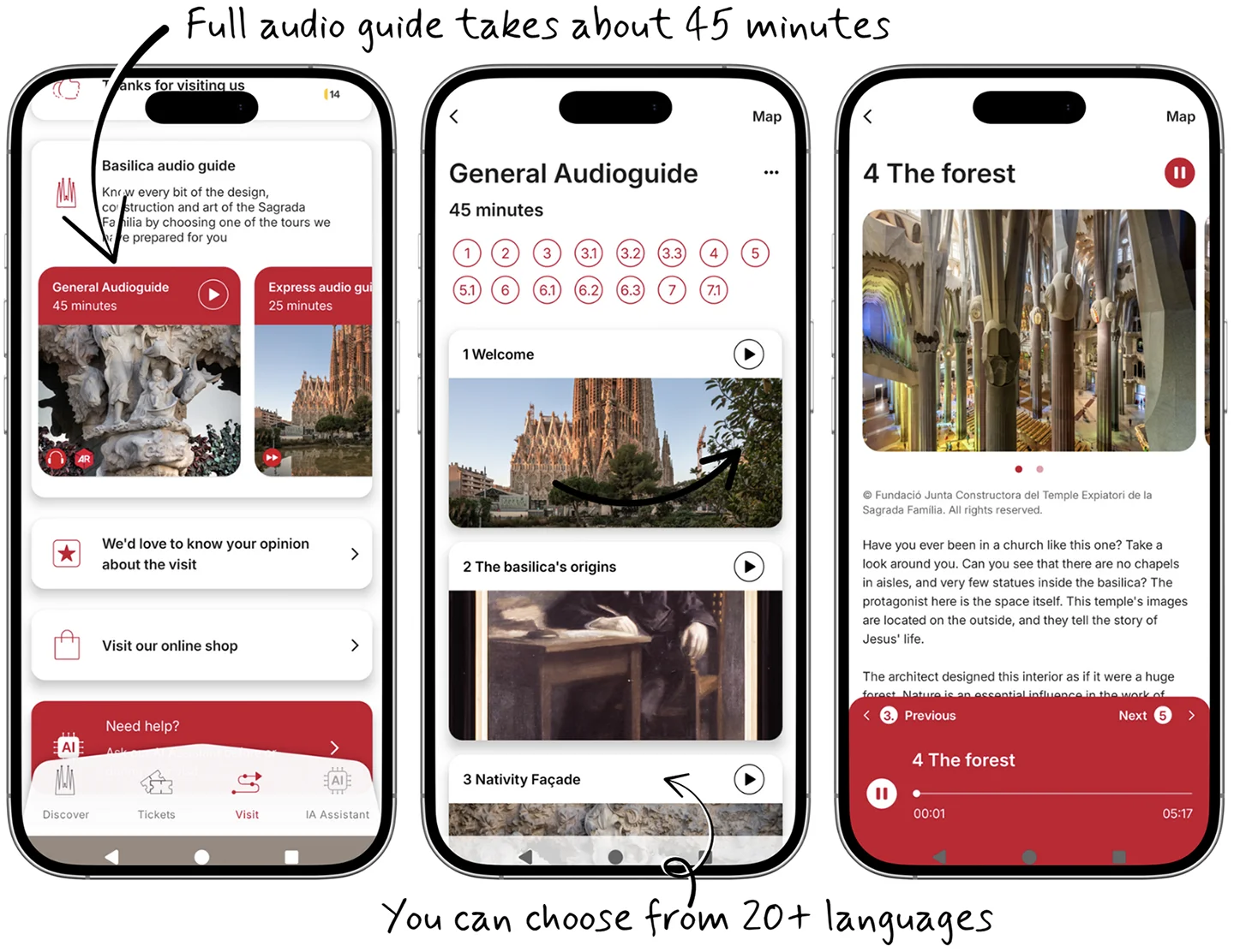 Screenshots show the Sagrada Família's audio guide app with options for a 45-minute tour and multiple languages.