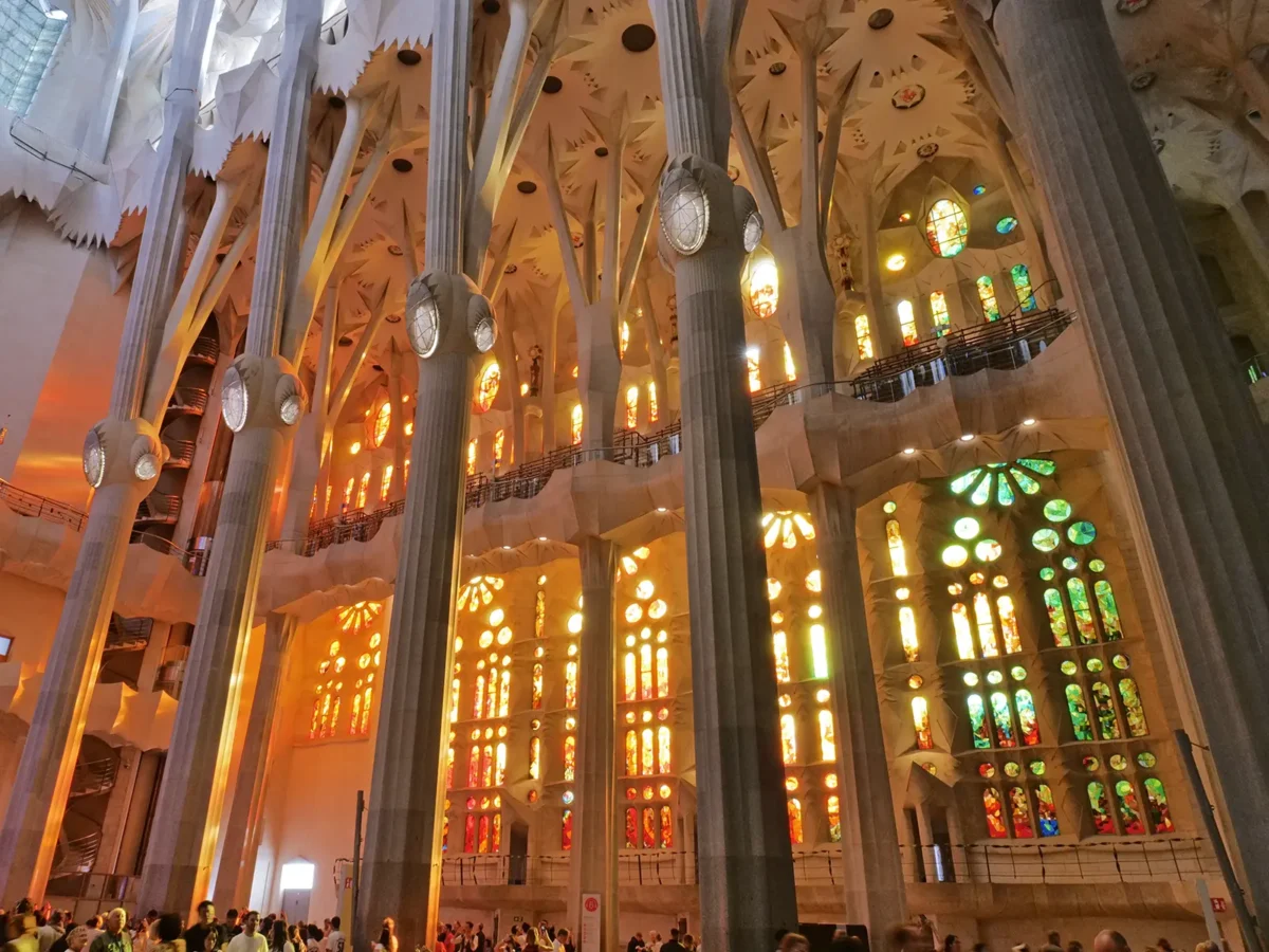 Sunlight streams through the colourful, geometric stained-glass windows illuminating the tree-like columns of the Sagrada FamÃlia.
