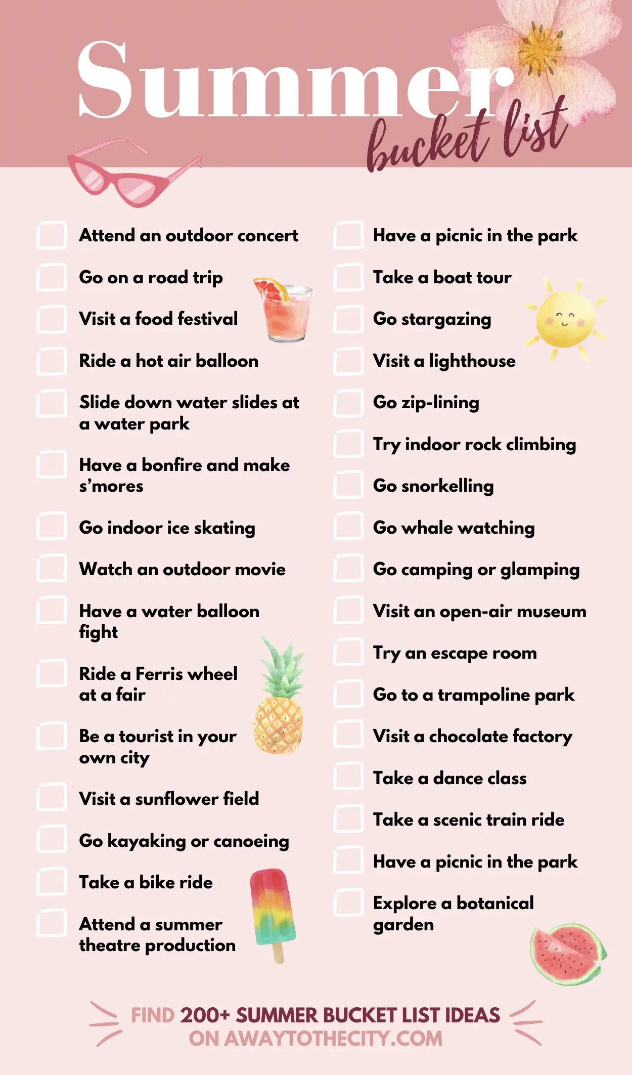 A summer bucket list with a soft pink background, featuring a list of activities, check boxes, and playful summer-themed icons like sunglasses, a cocktail, a sun, pineapple, popsicle, watermelon, and a flower.