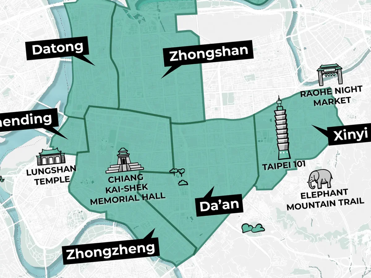 A part of an illustrated map that shows the best areas to stay in Taipei, Taiwan, as a first-time visitor, created by Away to the City.