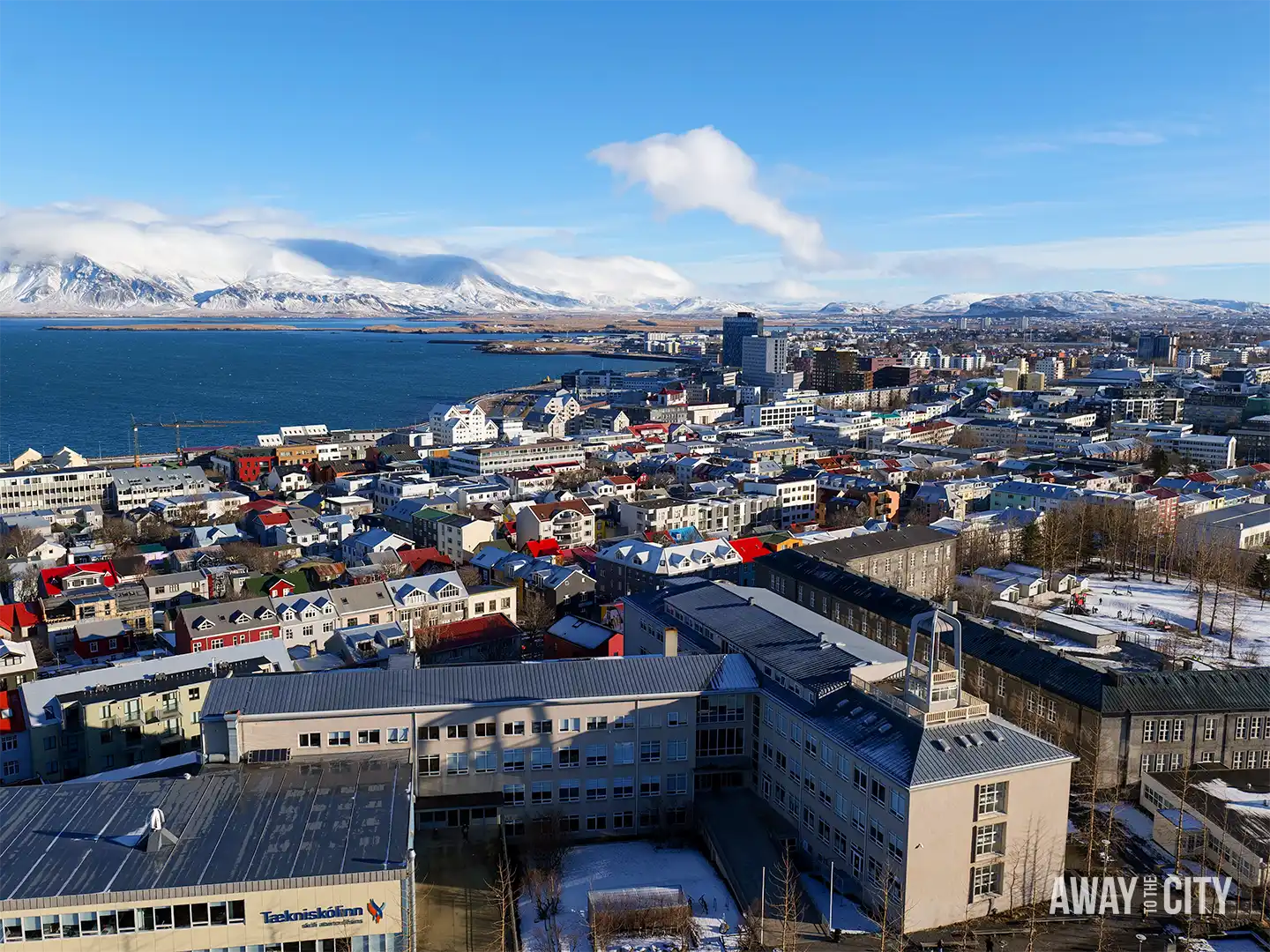 Aerial view over Reykjavík from Hallgrímskirkja church tower, a great place to work seasonally and get a free travel opportunity.