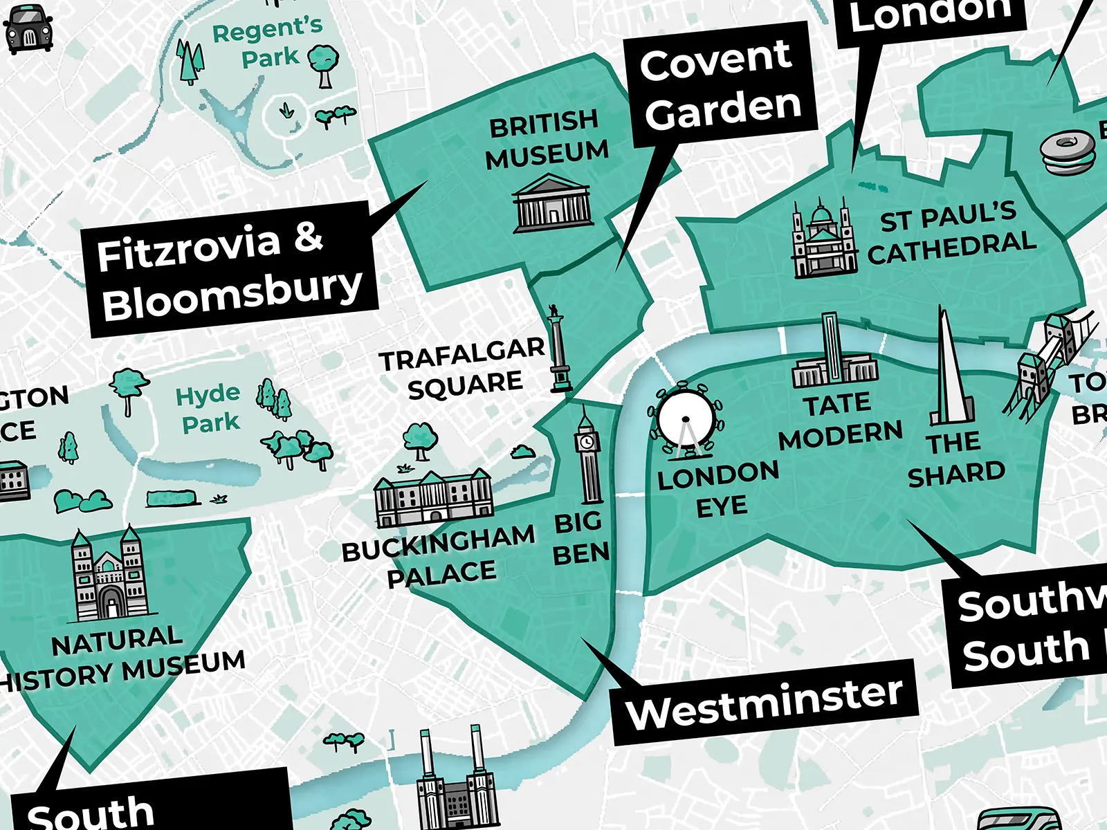 A part of an illustrated map that shows the best areas to stay in London as a first-time visitor, created by Away to the City.