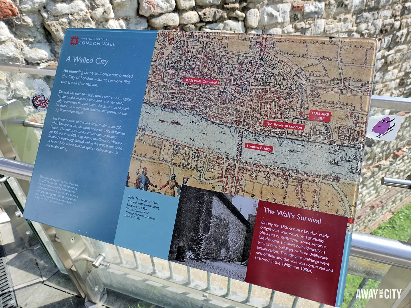 An informational sign for London's Roman Wall, close to the Tower of London.