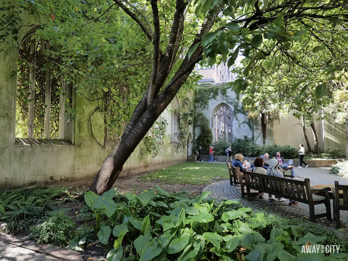 A group of people relaxes on benches on a paved area near the overgrown ruins of St Dunstan in the East Church Garden in London.