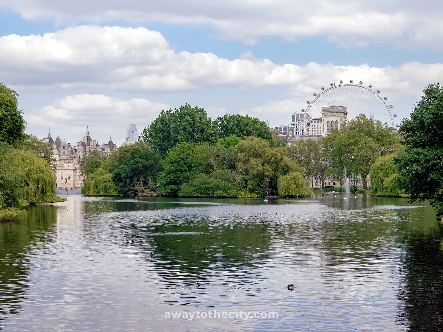 A serene lake in St. James's Park with ducks swimming, and the London Eye visible in the distance.