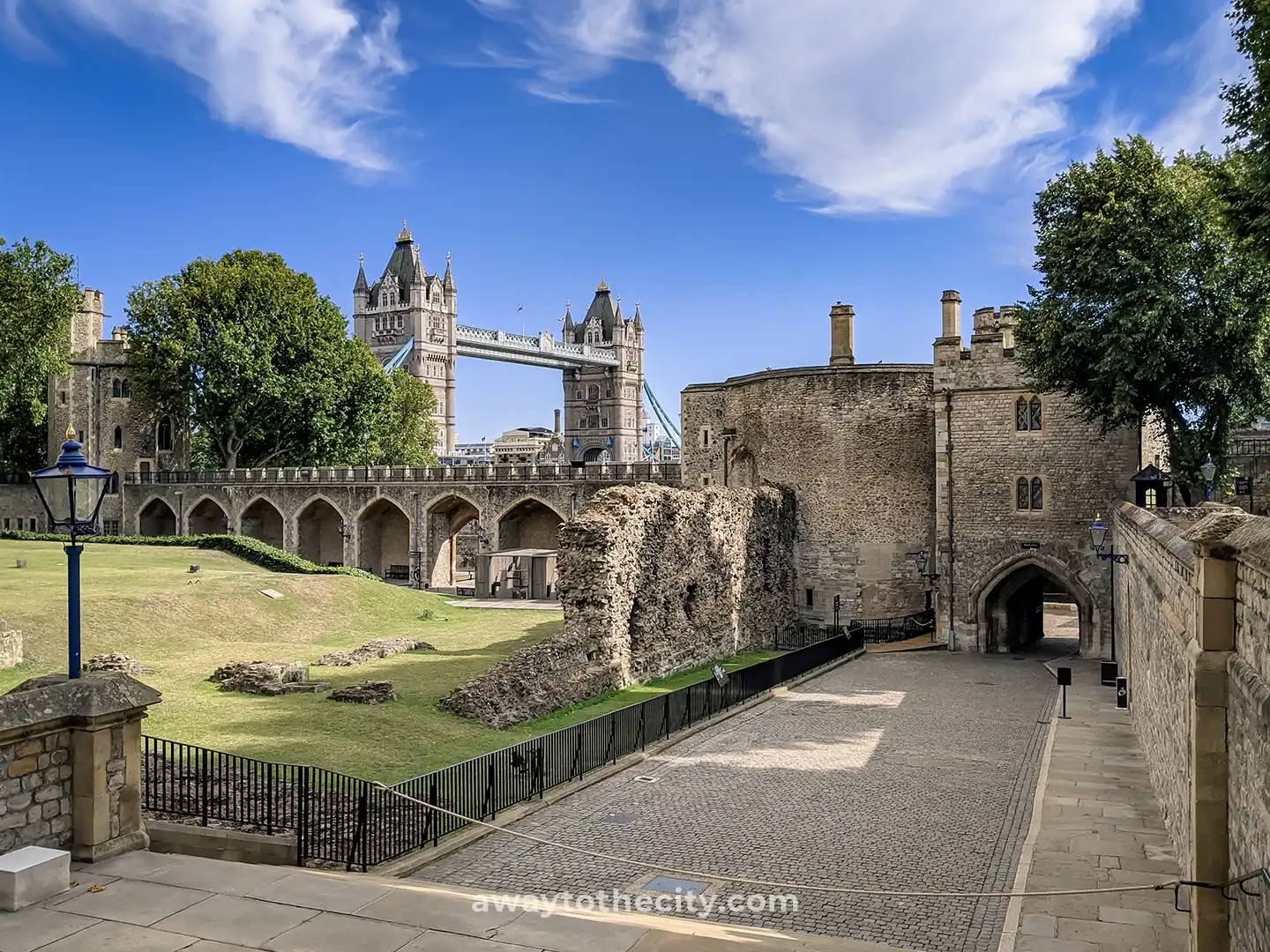 The view from the Tower of London, with the Tower Bridge in the background.
