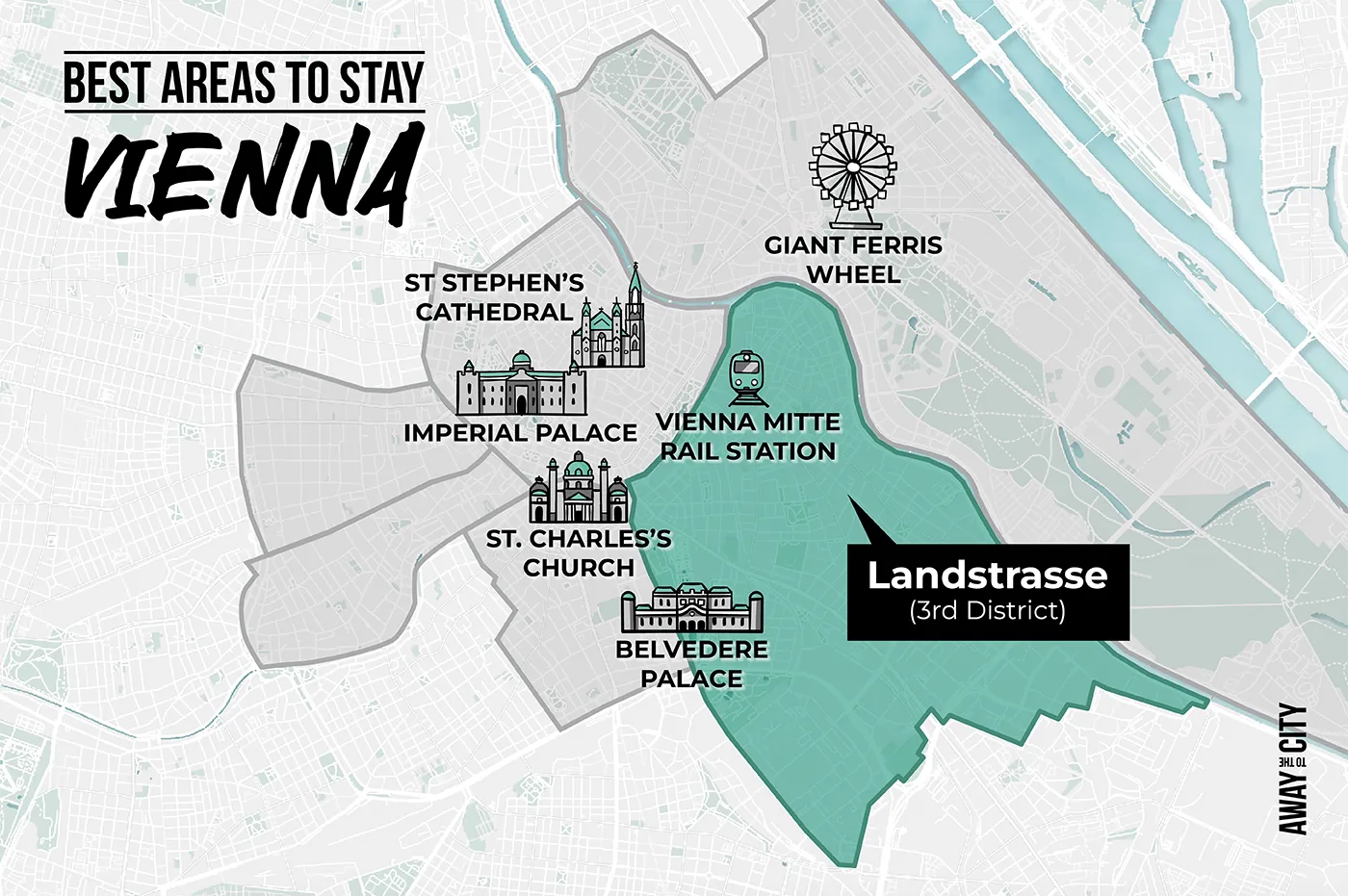 An illustrated map that shows Landstrasse, one of the best areas to stay in Vienna Austria as a first-time visitor and some of the key attractions, created by Away to the City.
