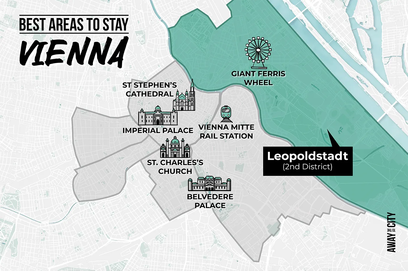 An illustrated map that shows Leopoldstadt, one of the best areas to stay in Vienna Austria as a first-time visitor and some of the key attractions, created by Away to the City.