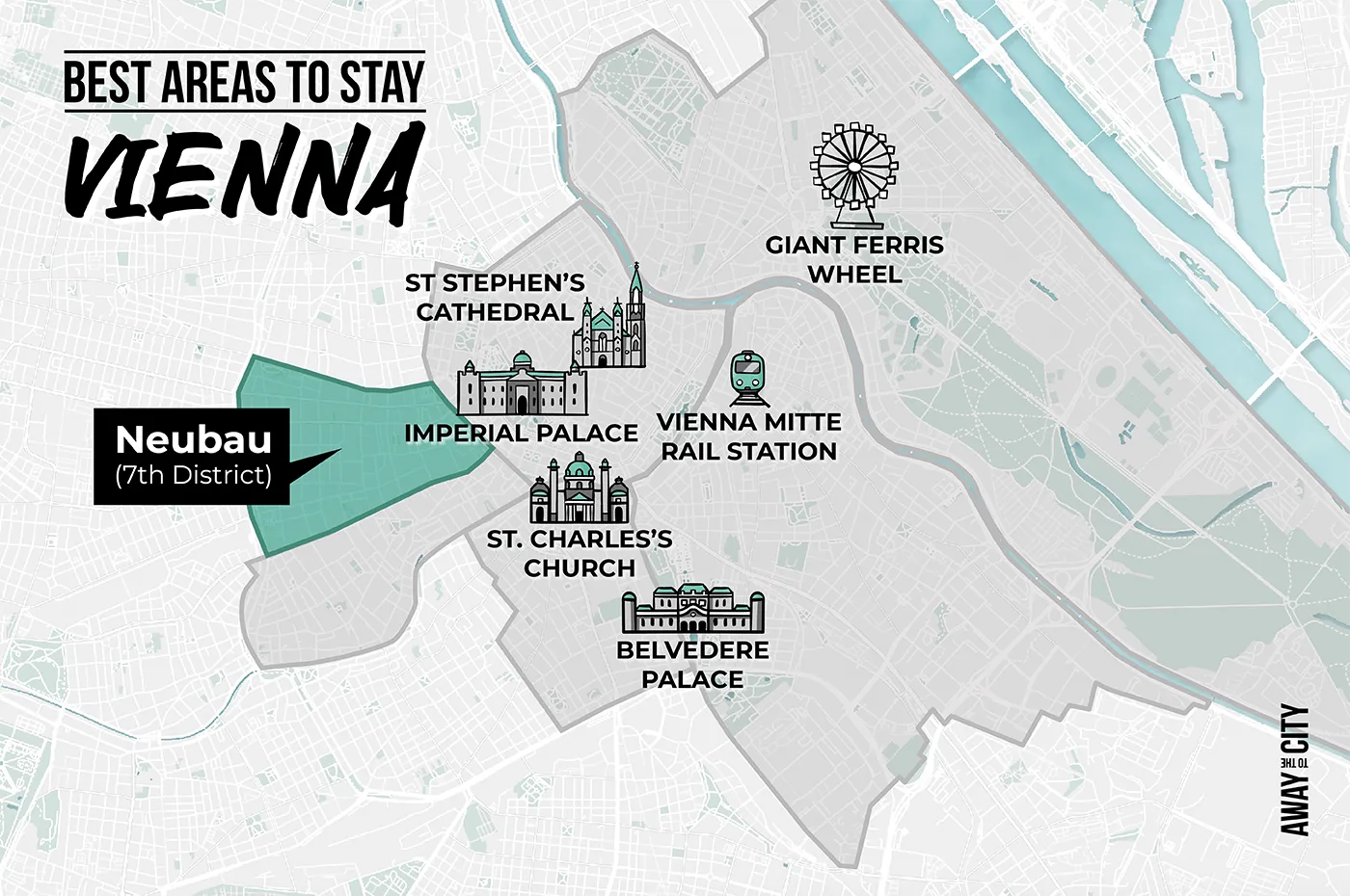 An illustrated map that shows Neubau, one of the best areas to stay in Vienna Austria as a first-time visitor and some of the key attractions, created by Away to the City.